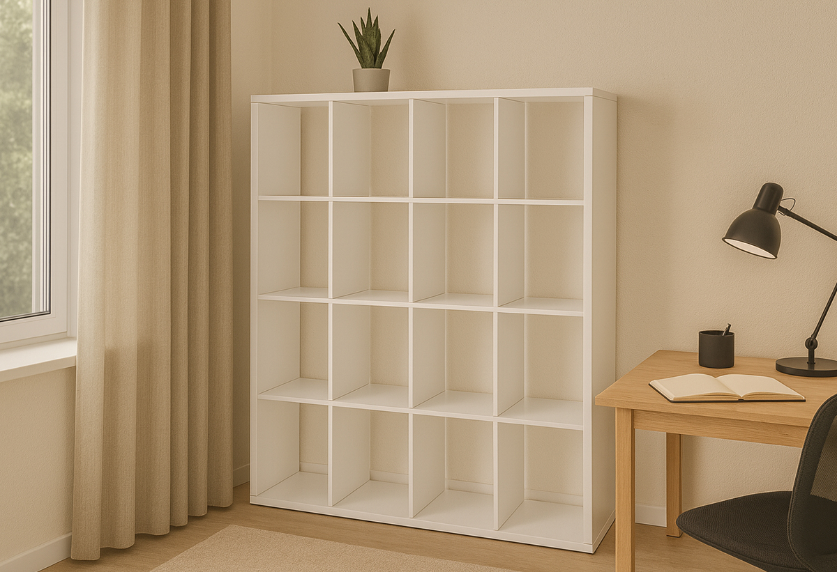 Απεικονίζεται η βιβλιοθήκη σε ένα σαλόνι.